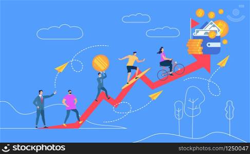 People Going Up to Money and Wealth Target by Red Crooked Arrow Flown by Business Coach Man on Blue Background with Outline Nature. Trainer Teach Financial Literacy. Cartoon Flat Vector Illustration.. People Going Up to Money by Red Crooked Arrow