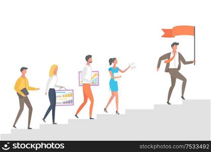People going upstairs, following leader boss with red flag in hands vector isolated. Cartoon characters with graphs and charts on board go to top, vector. People Going Upstairs, Following Leader Boss Flag