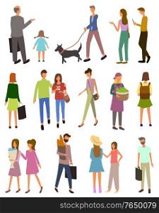 People going with packages, man and woman carrying purchase and flower, harvester with food. Marketplace or bazaar, family and couple buying vector. Man and Woman in Grocery Shopping, Buying Vector