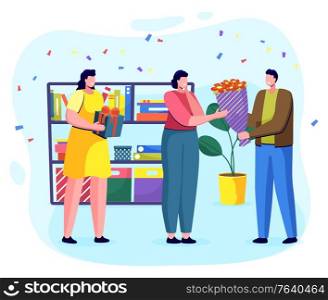 People greeting friend with birthday. Man and woman giving presents and flower bouquet to colleague at working place. Special occasion on work. Surprised and moved personage vector in flat style. Office Colleagues Greeting Coworker with Birthday