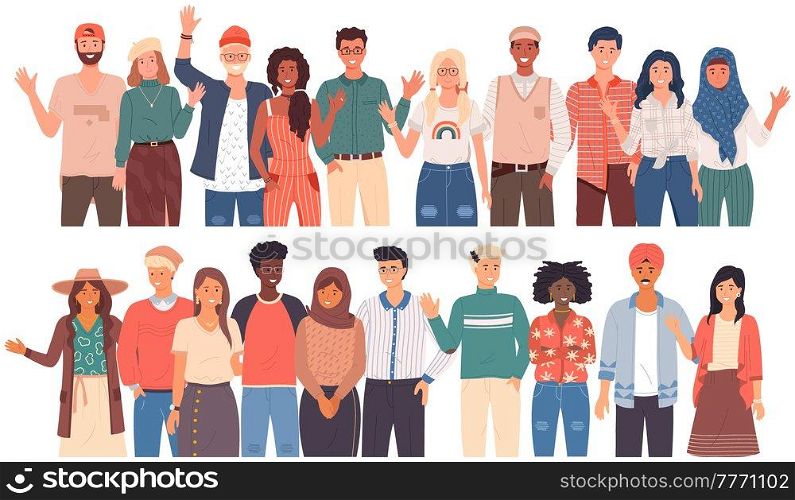 People greeting gesture. Different nations representatives waving hand saying hi. Men, women say hello. People waving hands and gesturing in friendly way. Characters wave their hand and say welcome hi. People greeting gesture. Different nations representatives waving hand saying hello