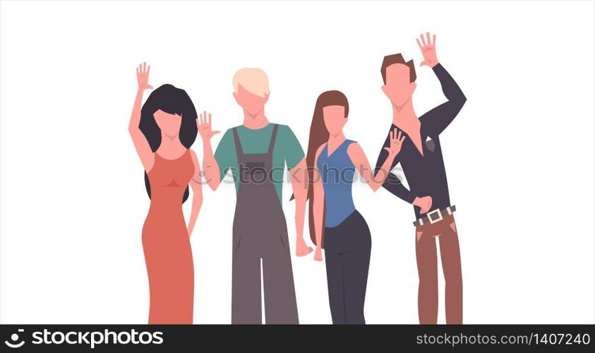 People greeting hand gesture vector flat illustration. Group say hello and welcome. Cartoon set friendship handshake together character cooperation. Happy crowd