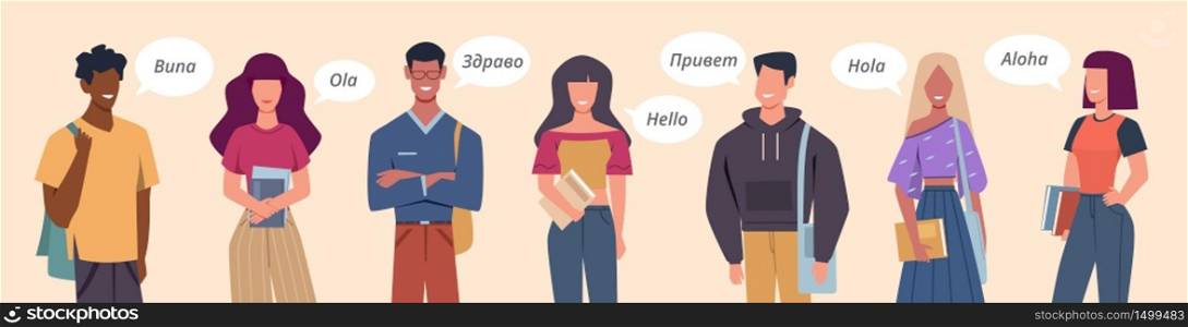 People greeting in different languages. Multilingual greeting bubbles, persons diverse countries, international communication vector multicultural concept. People greeting in different languages. Multilingual greeting bubbles, persons diverse countries, international communication vector concept
