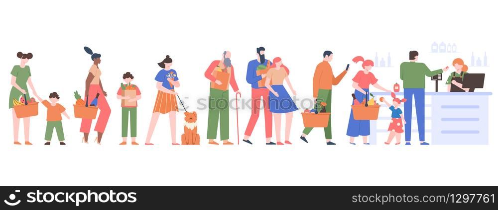 People grocery queue. Characters crowd waiting in cashier line, customers in supermarket, grocery store long queue vector isolated illustration. People grocery market, customer in supermarket. People grocery queue. Characters crowd waiting in cashier line, customers in supermarket, grocery store long queue vector isolated illustration