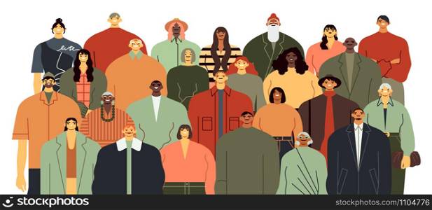 People group. Community portrait, team standing together and diverse people crowd flat vector illustration. Race and age diversity. Multiethnic smiling men and women cartoon characters. People group. Community portrait, team standing together and diverse people crowd flat vector illustration. Ethnic diversity. Multicultural cartoon characters isolated on white background