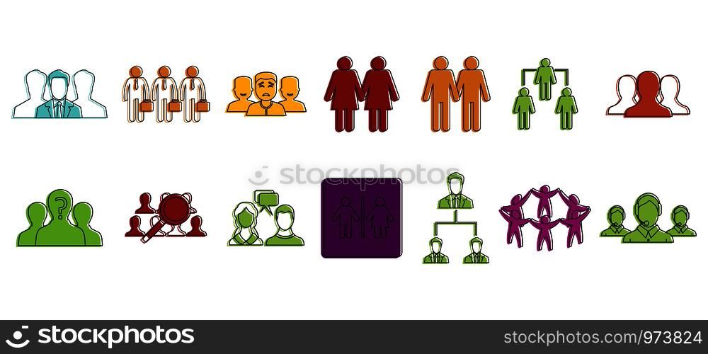 People group icon set. Color outline set of people group vector icons for web design isolated on white background. People group icon set, color outline style