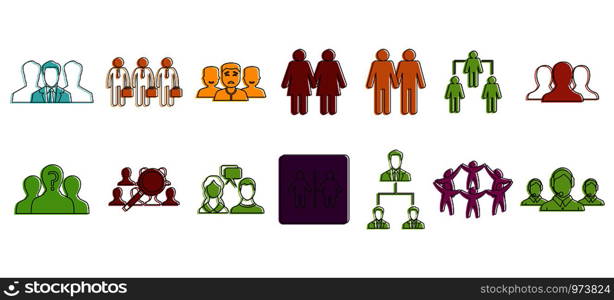 People group icon set. Color outline set of people group vector icons for web design isolated on white background. People group icon set, color outline style