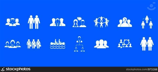 People group icon set. Simple set of people group vector icons for web design isolated on blue background. People group icon blue set vector