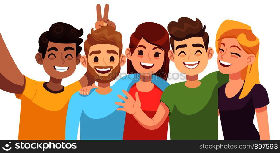People group selfie. Guy takes group photo with smiling friends on smartphone in hands vector cartoon friendly taking shooting self young portrait characters. People group selfie. Guy takes group photo with smiling friends on smartphone in hands vector cartoon friendly characters