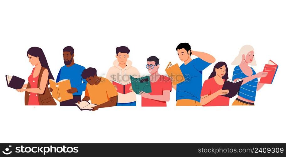 People group with books. Cartoon men and women holding and reading books, self-education concept. Young characters studying, preparing for exam. Book lovers reading modern literature. People group with books. Cartoon men and women holding and reading books, self-education concept