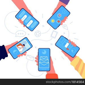 People group with phone. Hands holding smartphones, online team communication. Girl sharing information, screen touch utter vector concept. Illustration communication and networking, sharing online. People group with phone. Hands holding smartphones, online team communication. Girl sharing information, screen touch utter vector concept