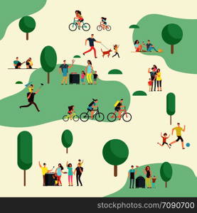 People groups on on bbq picnic. Happy families in various outdoor activity in summer park. Cartoon vector characters family in green park outdoor illustration. People groups on on bbq picnic. Happy families in various outdoor activity in summer park. Cartoon vector characters