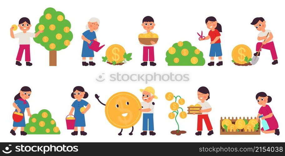 People grow money. Investment businessman, person planting currency. Gold coin harvest, cash tree profit. Success deal decent vector metaphor. Illustration investment and success growth profit. People grow money. Investment businessman, person planting currency. Gold coin harvest, cash tree profit. Success deal decent vector metaphor