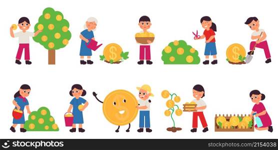 People grow money. Investment businessman, person planting currency. Gold coin harvest, cash tree profit. Success deal decent vector metaphor. Illustration investment and success growth profit. People grow money. Investment businessman, person planting currency. Gold coin harvest, cash tree profit. Success deal decent vector metaphor