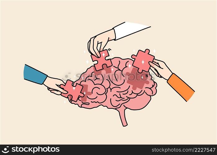 People hands put jigsaw puzzles into brain solve business problem. Businesspeople involved in team brainstorming find solution together. Teamwork thinking. Vector illustration. . People hands put jigsaw puzzles into brain 