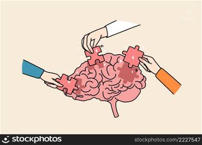 People hands put jigsaw puzzles into brain solve business problem. Businesspeople involved in team brainstorming find solution together. Teamwork thinking. Vector illustration. . People hands put jigsaw puzzles into brain 