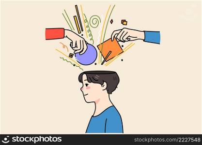 People hands put object in person head help with brainstorming or thinking process. Guy involved in solving problems or issues. Search for solution concept. Flat vector illustration. . People hands put objects in man head 