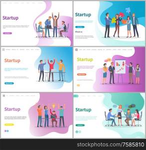 People happy of successful startup launching vector, business activity. Teamwork, meeting presentation of ideas, discussion conference in office. Website or webpage template, landing page flat style. Startup , Presentation on Whiteboard Partners Set