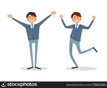 People happy with achievements, lucky businessman flat style vector. Worker with smile on face, successful managers jumping, leaders smiling celebrating. People Happy with Achievements, Lucky Businessman