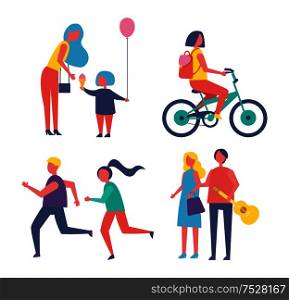 People have rest and walking in park vector set isolated cartoon banner. Adults and kids playing games, riding bike and running, ice cream and balloon. People Having Rest in Park Vector Cartoon Banner