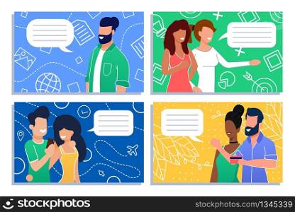 People Having Conversation and Communicating Notebook Cover. Men and Women Messaging and Exchanging Information. Couple in Love, Shoppers, Friends, Hipster Cartoon Characters. Vector Flat Illustration. People Having Conversation and Communicating Set