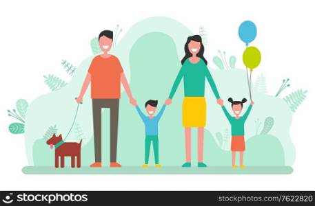 People having family day vector, man and woman with kids and pet. Mother and father with boy and girl, daughter and son with balloon and dog animal. Family Mother and Father, Children and Pet Dog