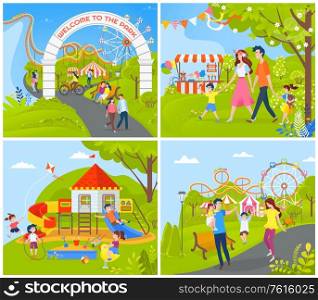 People having fun at amusement park vector, ferris wheel and attractions, carousel and decorations on playground, trees and natural rural area set. Amusement Park to Spend Funny Weekend Set Vector