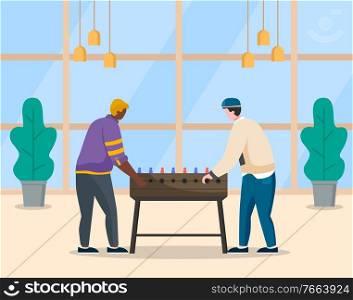 People having fun at coffee break at work. Workers colleagues playing table football match. Male characters relaxing at office. Personages entertaining in free time, soccer game. Vector in flat style. Coworkers Playing Table Football at Work Vector