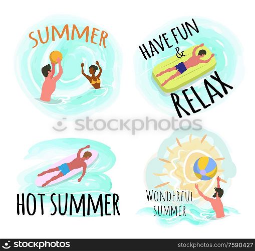 People having fun by seaside vector, people playing waterpolo with inflatable ball. Male laying on mattress, man on surfing board practicing sports. Summer Have Fun and Relax Wonderful Season Seaside