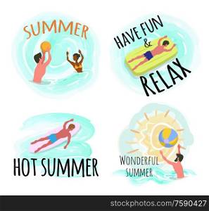 People having fun by seaside vector, people playing waterpolo with inflatable ball. Male laying on mattress, man on surfing board practicing sports. Summer Have Fun and Relax Wonderful Season Seaside