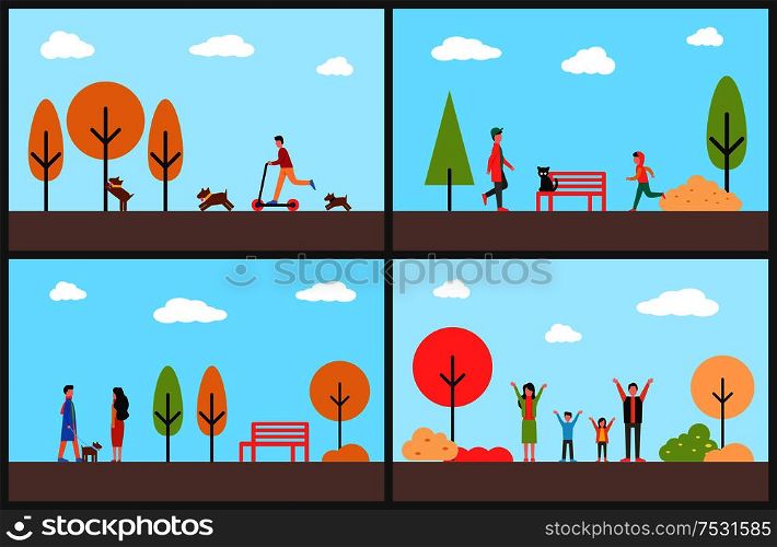 People having fun in autumn park, family day vector. Teenagers working out, family stretching hands up. Couple walking dog and man riding scooter. People Having Fun in Autumn Park, Family Days