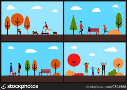 People having fun in autumn park, family day vector. Teenagers working out, family stretching hands up. Couple walking dog and man riding scooter. People Having Fun in Autumn Park, Family Days