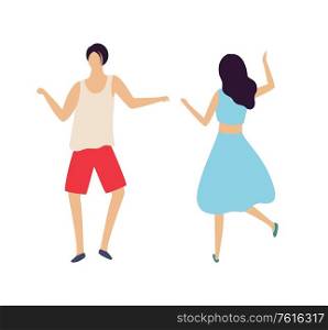 People having fun in night club vector, dancing woman and man relaxing couple clubbing adults relaxing. Isolated pair raising hands up flat style. Dancing People, Man and Woman Dancers in Club