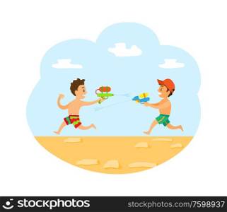 People having fun in summer vector, vacations of kid on beach. Children playing with guns loaded with water, summertime holidays and game of child. Water Fight of Boys on Summer Vacations Vector