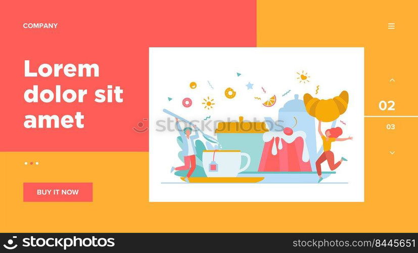 People having fun in tea party. Cartoon men and woman enjoying hot drink, cookies, croissant, dessert. Vector illustration for coffee break, bakery, sugar, menu concept