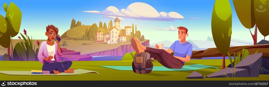 People having picnic on sea coast with town on island. Vector cartoon illustration of summer mediterranean landscape with girl and man sitting on mats with books, backpack, cup and phone. Mediterranean landscape with people having picnic