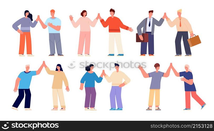 People high five. Friendship, cartoon women clapping hands. Happy friends gestures, business celebrating. People claps utter vector set. Illustration friendship teamwork together, support high five. People high five. Friendship, cartoon women clapping hands. Happy friends gestures, business celebrating success. People claps utter vector set