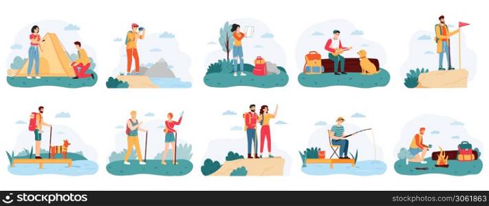 People hikers. Active hiking tourists, outdoor activity camping trip, male and female tourists adventure travel vector illustration set. Characters fishing, pitching tent, playing guitar. People hikers. Active hiking tourists, outdoor activity camping trip, male and female tourists adventure travel vector illustration set