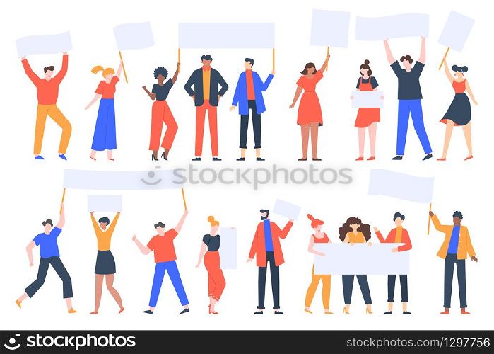 People hold banners. Activists with placards, peaceful rights protest, manifestation, men and women parade participation vector illustration set. Parade rights, adult picket and strike. People hold banners. Activists with placards, peaceful rights protest, manifestation, men and women parade participation vector illustration set