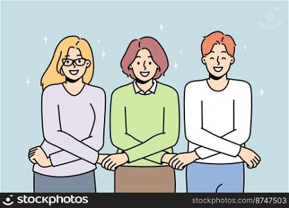 People hold each other with arms crossed in front. Synergies, mutual help, coordination, cooperation between colleagues at work. Man, women support to each other. Vector linear illustration.. People hold each other with arms crossed in front.