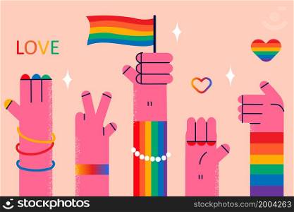 People hold flags and signs of LGBT society support homosexual and transgender community. Person raise hands up on gay parade. Pride month holiday. Bisexual and lesbian. Vector illustration. . People hold flags support LGBT community