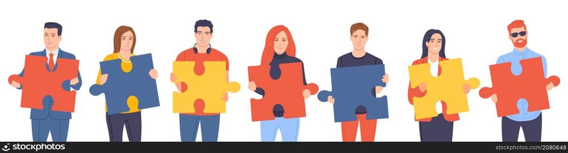 People hold puzzle. Office employees group, front view team with big color puzzle pieces in hands, men and woman teamwork, partnership and business collaboration vector cartoon flat style isolated set. People hold puzzle. Office employees group, front view team with big color puzzle pieces in hands, men and woman teamwork, partnership and business collaboration vector isolated set