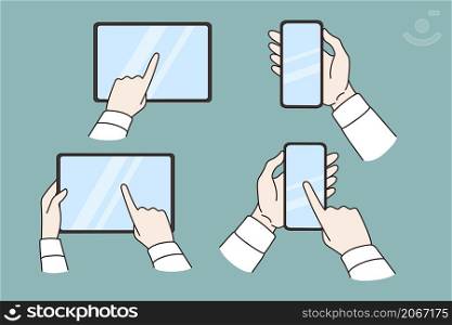 People hold various gadgets text message online. Men and women use modern devices cellphones and tablets browse internet. Technology and communication concept. Vector illustration. . People use various modern electronic gadgets