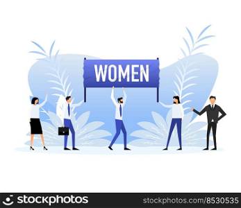 People holding a poster with text women, protest. Vector illustration. People holding a poster with text women, protest. Vector illustration.
