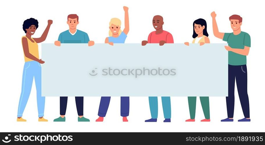 People holding banner. Different characters group holds in hands empty horizontal banner, socially active demonstrators, characters together with blank placard, vector cartoon flat isolated concept. People holding banner. Different characters group holds in hands empty horizontal banner, socially active demonstrators, characters together with blank placard, vector concept