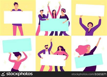 People holding banners. Demonstrate c&aign celebrate, woman and man with billboard. Vector illustration. People holding banners. Demonstrate c&aign celebrate colored style