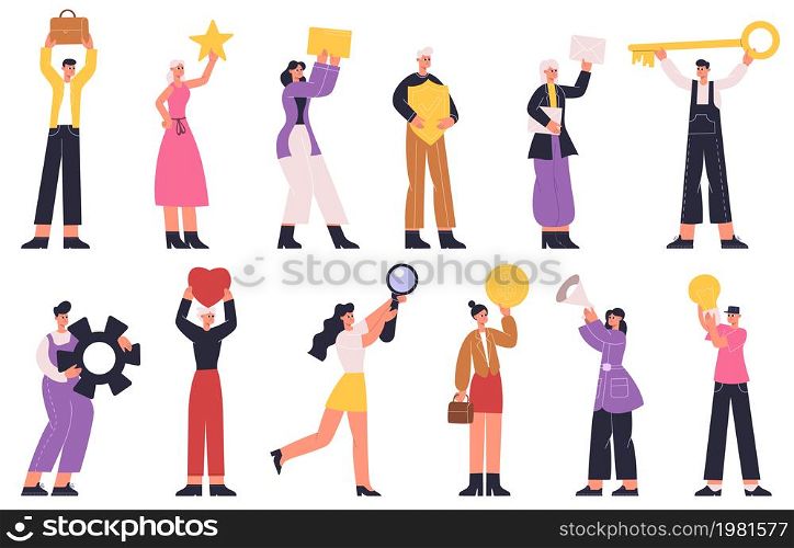 People holding big occupation signs, objects or items. Tiny people with different tools, heart, key, light bulb vector illustration. Occupations or activities metaphor. Giant manager holding things. People holding big occupation signs, objects or items. Tiny people with different tools, heart, key, light bulb vector illustration set. Occupations or activities metaphor