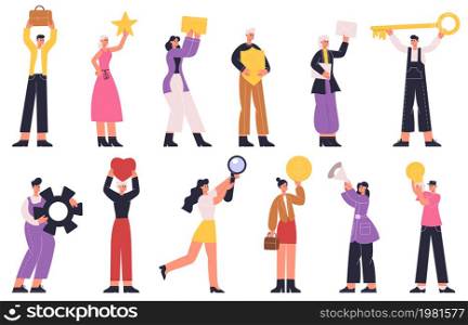 People holding big occupation signs, objects or items. Tiny people with different tools, heart, key, light bulb vector illustration. Occupations or activities metaphor. Giant manager holding things. People holding big occupation signs, objects or items. Tiny people with different tools, heart, key, light bulb vector illustration set. Occupations or activities metaphor