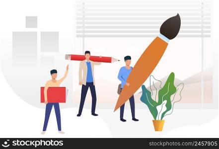 People holding big paint brush, pencil and textbook. Workshop, craft, knowledge concept. Vector illustration can be used for topics like study, education, art school. People holding big paint brush, pencil and textbook