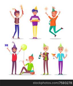 People holding birthday cake with candles vector man celebrating party. Male jumping with lights wearing traditional cap made of paper. Glass with cocktail. People Holding Birthday Cake with Candles, Party